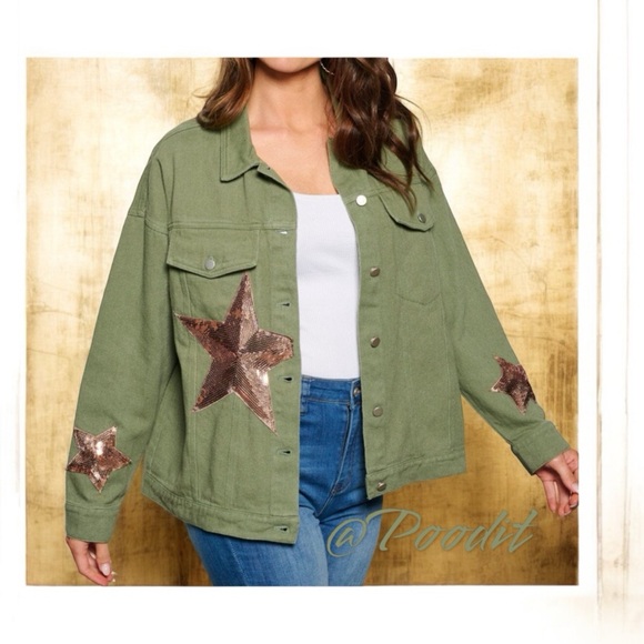 BLUE VELVET Embellished jean jacket sequin stars sz S M L - Picture 2 of 8